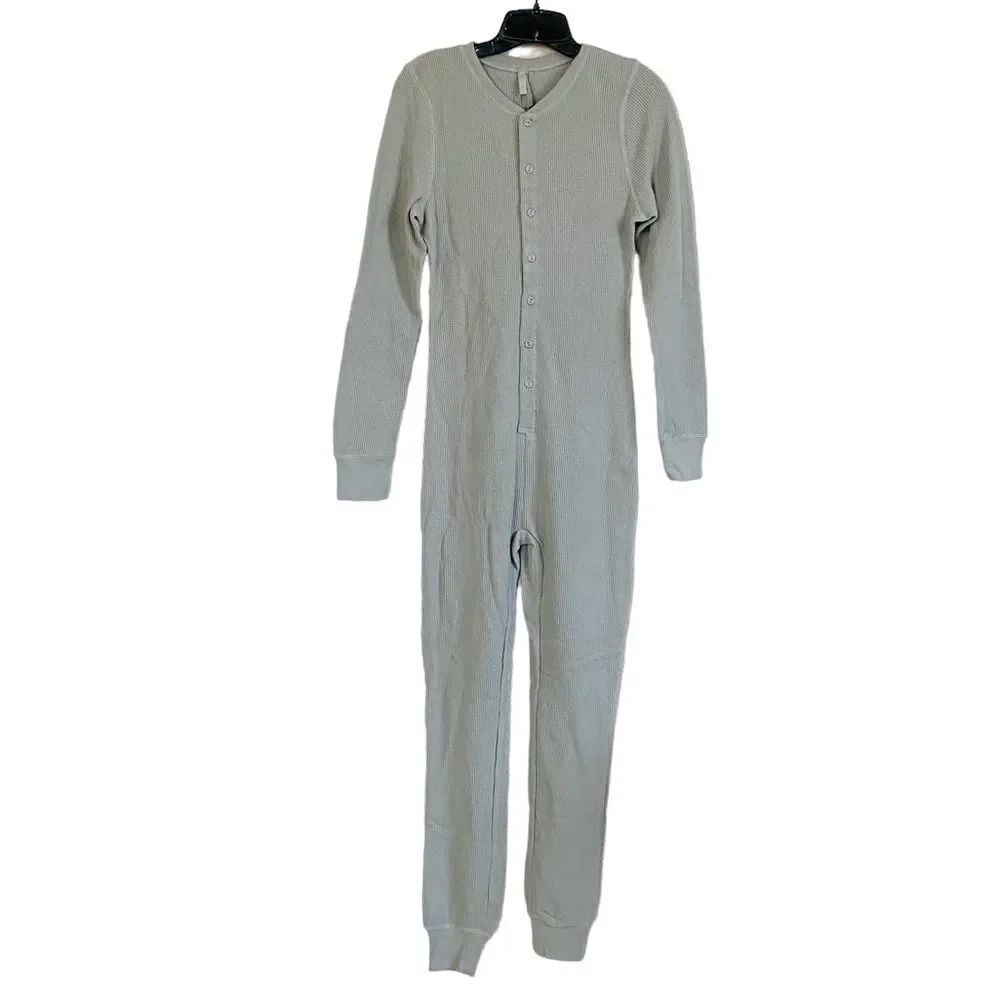 SKIMS Talc Waffle Knit Henley Front Thermal Onesie Sz L NWT